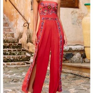 Boston Proper Red Jumpsuit with floral detail.